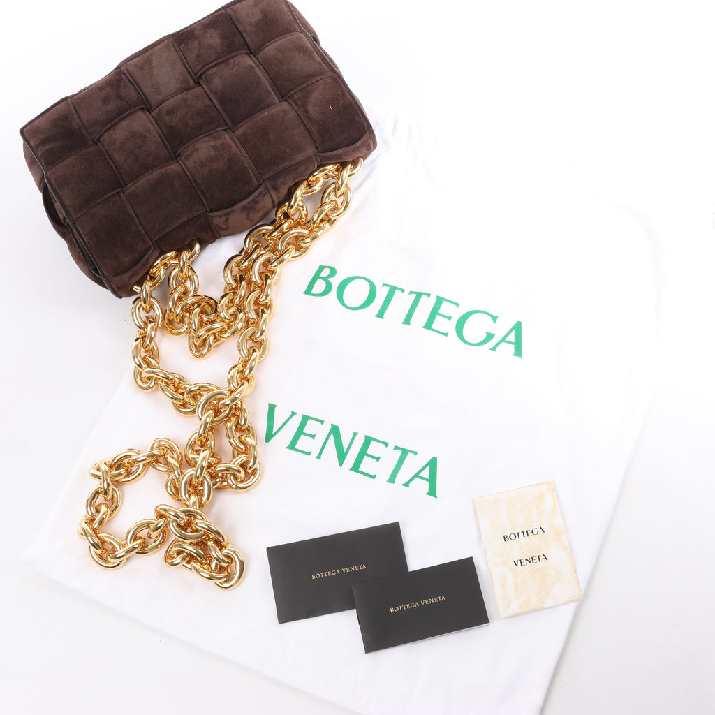 Bottega Veneta Padded Chain Cassette Maxi Intrecciato Suede Shoulder Bag in Brown