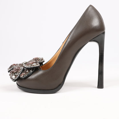 Lanvin Paris Plateau-Pumps aus Leder mit Schmucksteinverzierung in Grau, Größe 37,5