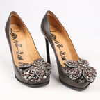Lanvin Paris Platform Leather Jewel Embellished Heels in  Gray Size 37.5