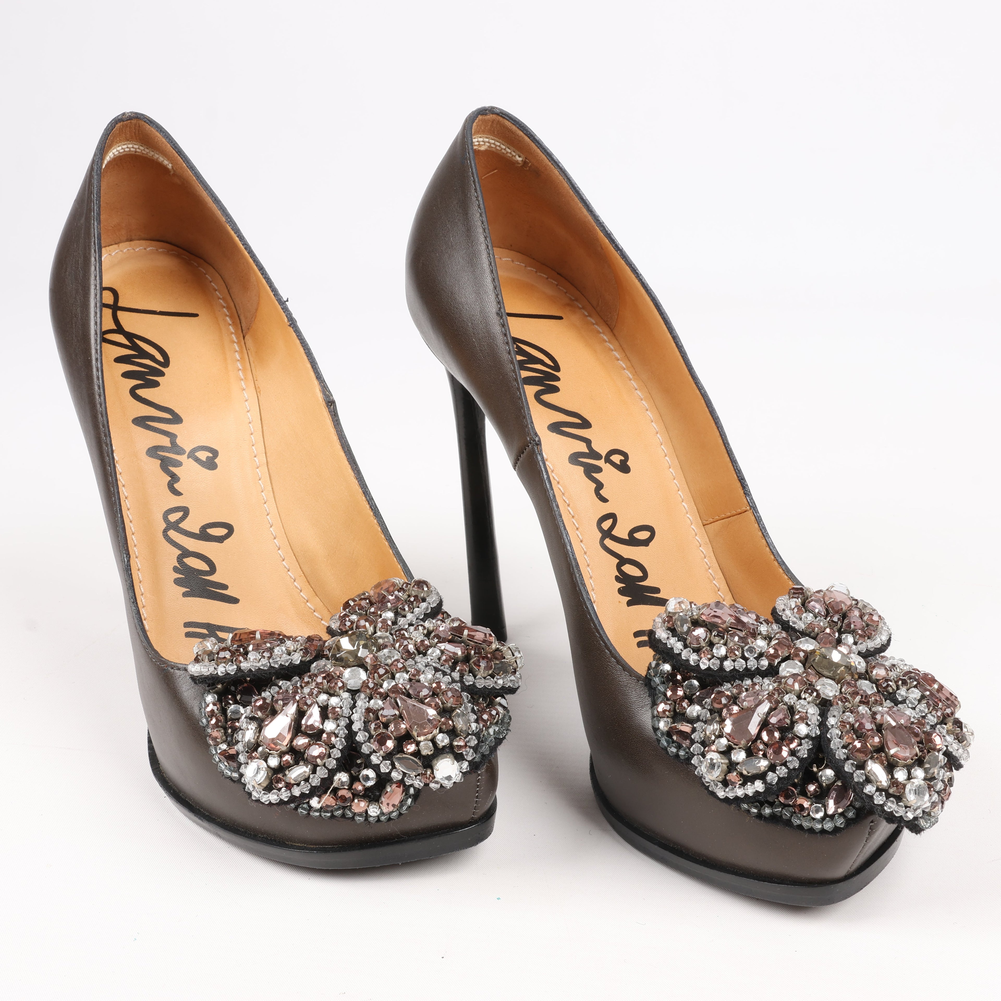 Lanvin Paris Platform Leather Jewel Embellished Heels in  Gray Size 37.5