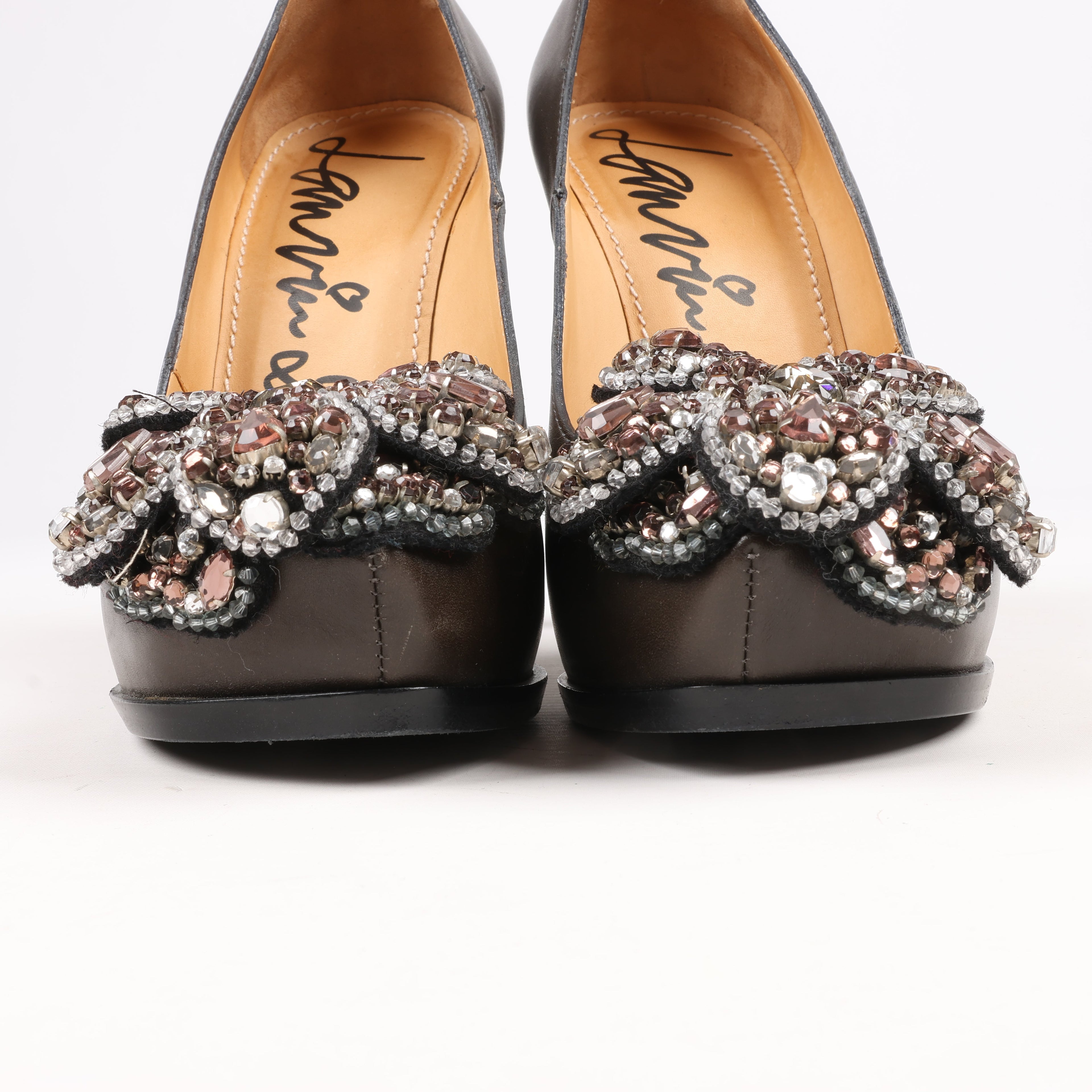 Lanvin Paris Platform Leather Jewel Embellished Heels in  Gray Size 37.5