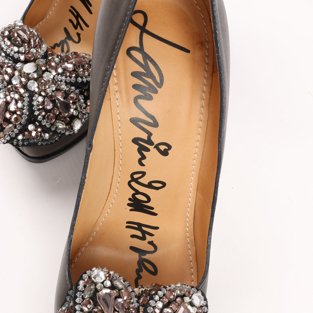 Lanvin Paris Platform Leather Jewel Embellished Heels in  Gray Size 37.5