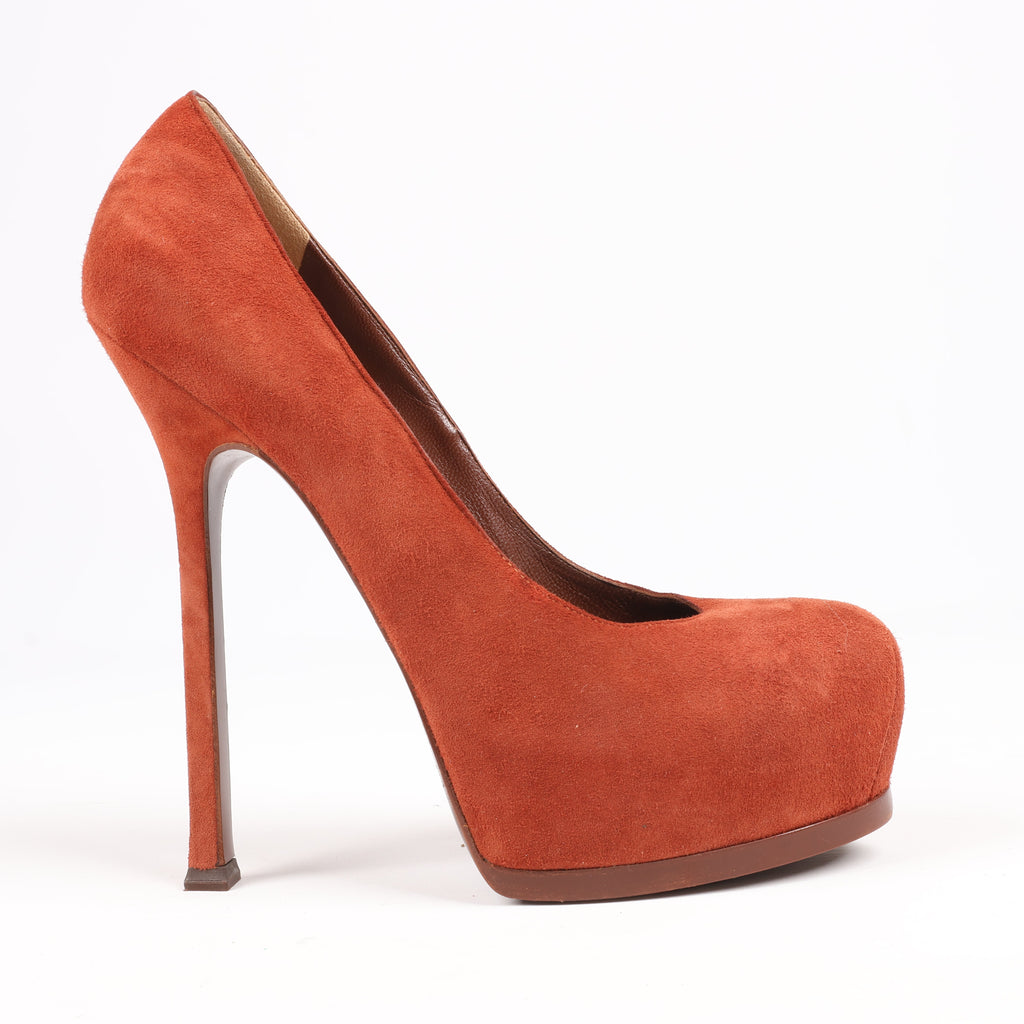 Saint Laurent Tribute Two Brown Suede Pumps, Size 37.5 EU
