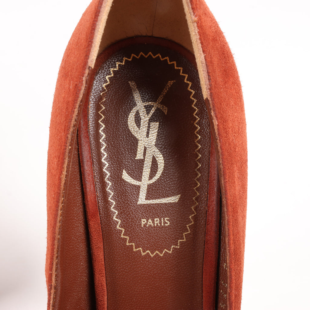 Saint Laurent Tribute Two Brown Suede Pumps, Size 37.5 EU