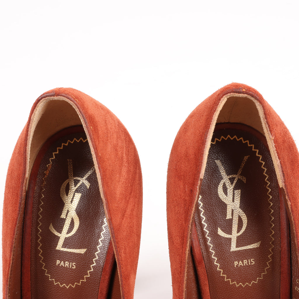 Saint Laurent Tribute Two Brown Suede Pumps, Size 37.5 EU