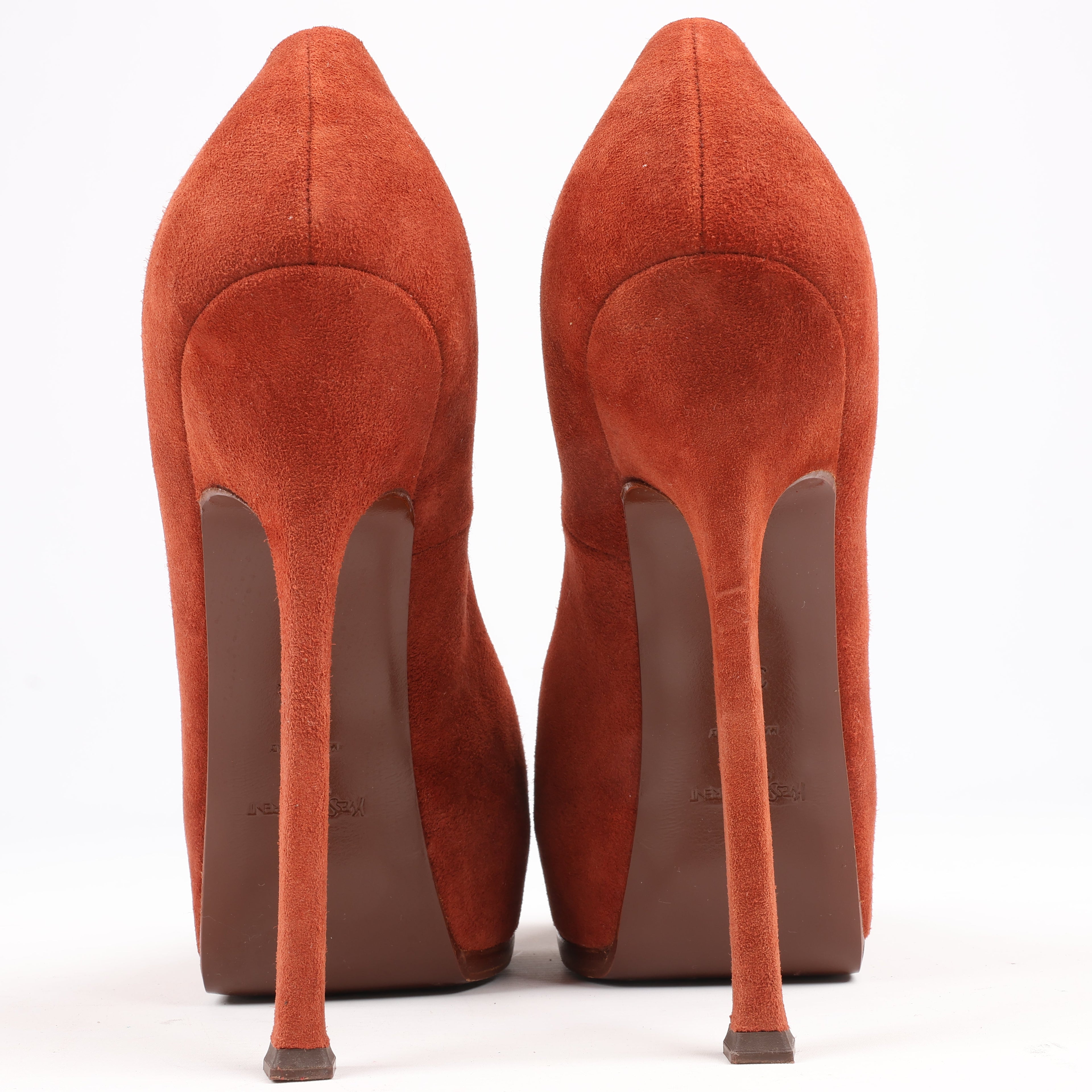 Saint Laurent Tribute Two Brown Suede Pumps, Size 37.5 EU