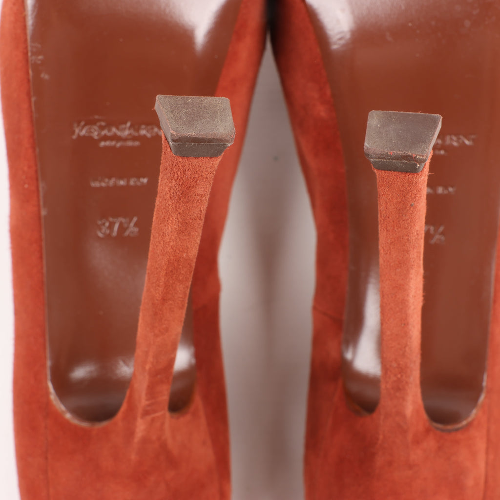 Saint Laurent Tribute Two Brown Suede Pumps, Size 37.5 EU