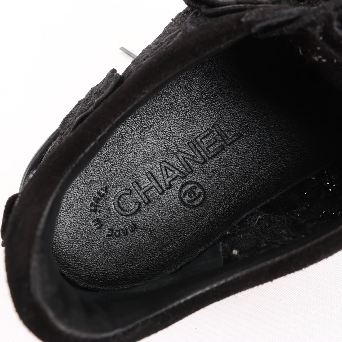 CHANEL Camelia Lace x Suede Sneakers in Black G34815, Size 37