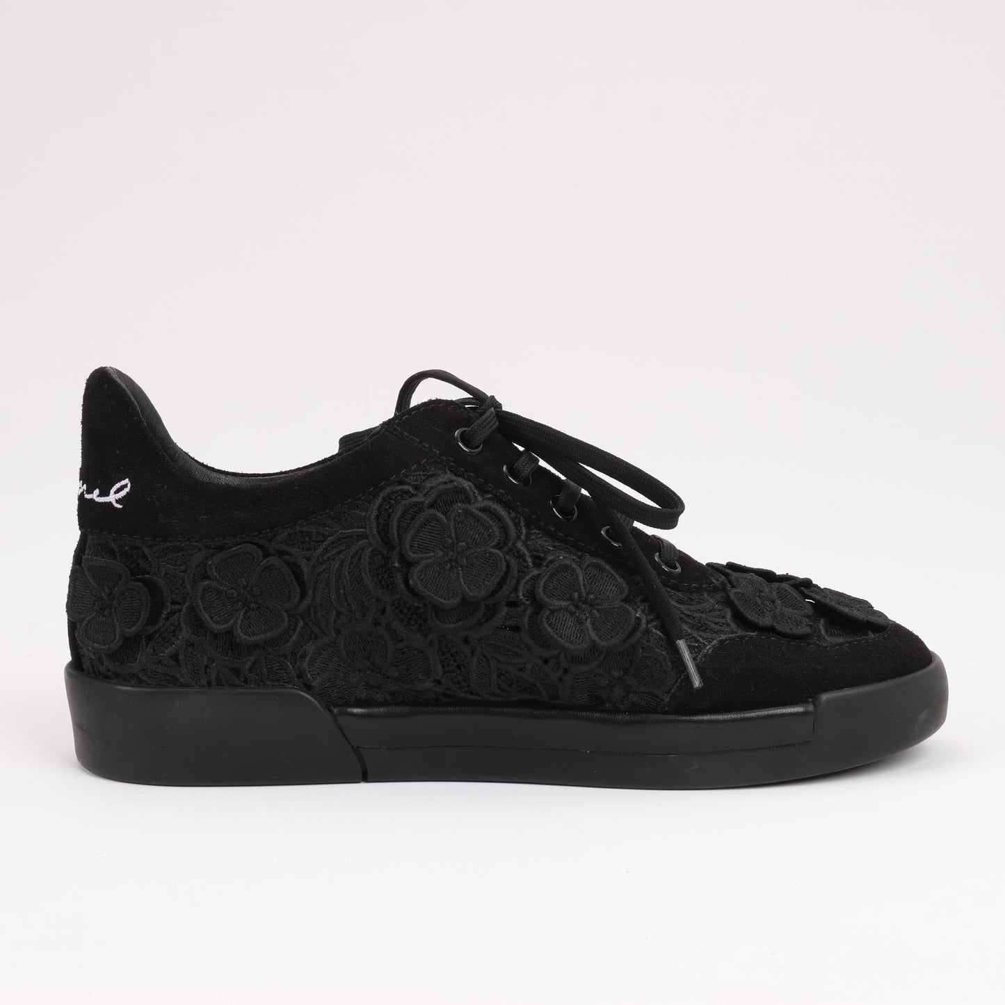 CHANEL Camelia Lace x Suede Sneakers in Black G34815, Size 37