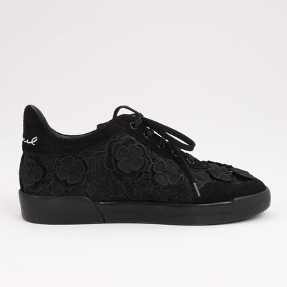 CHANEL Camelia Lace x Suede Sneakers in Black G34815, Size 37
