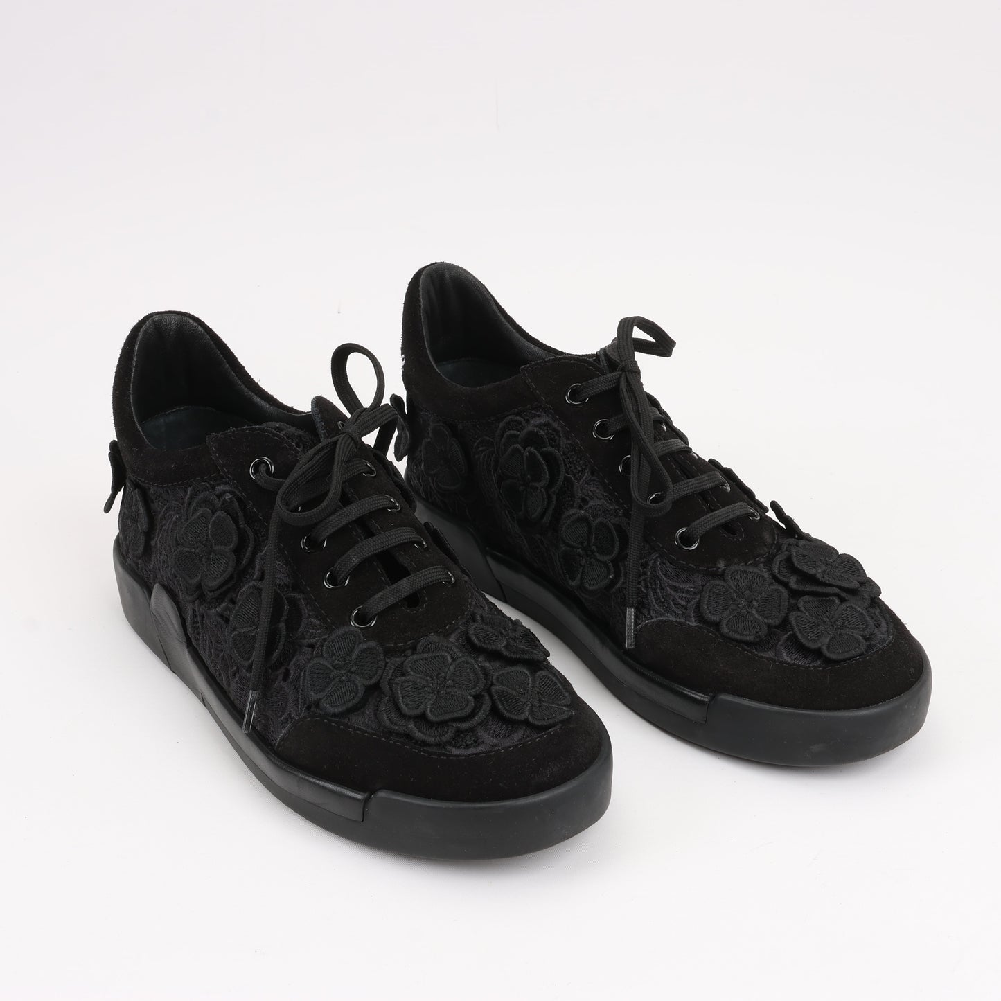 CHANEL Camelia Lace x Suede Sneakers in Black G34815, Size 37
