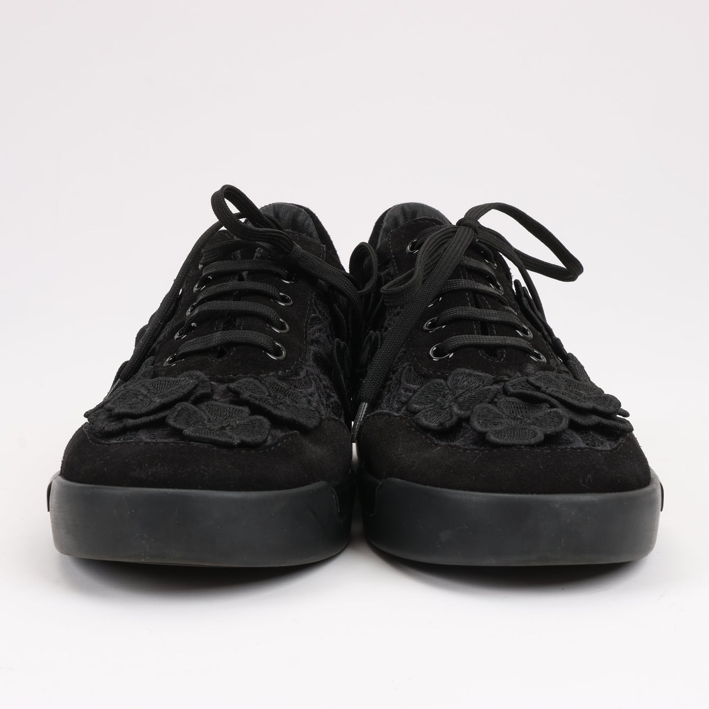 CHANEL Camelia Lace x Suede Sneakers in Black G34815, Size 37