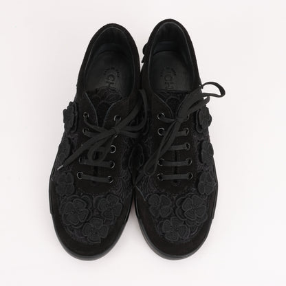 CHANEL Camelia Lace x Suede Sneakers in Black G34815, Size 37