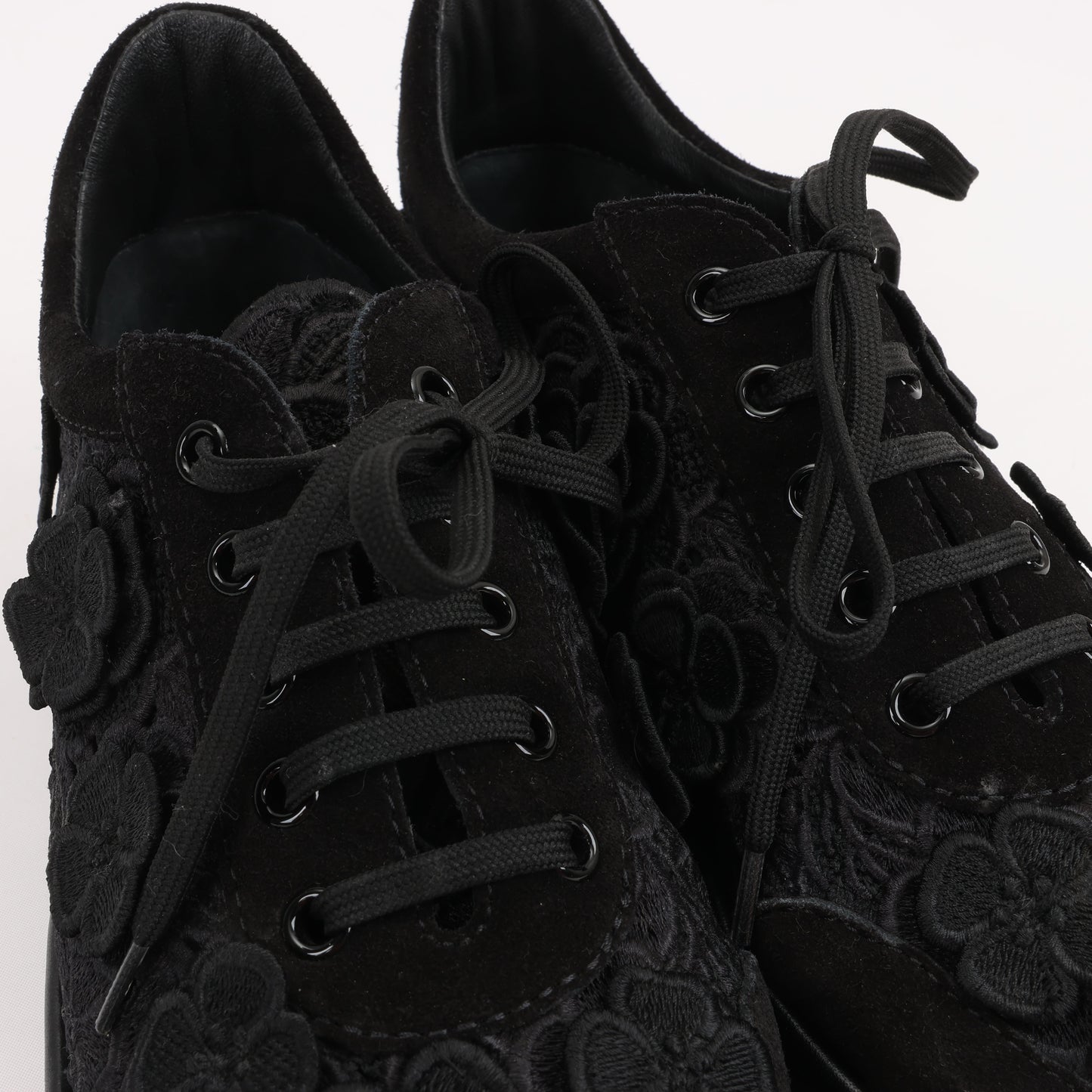 CHANEL Camelia Lace x Suede Sneakers in Black G34815, Size 37