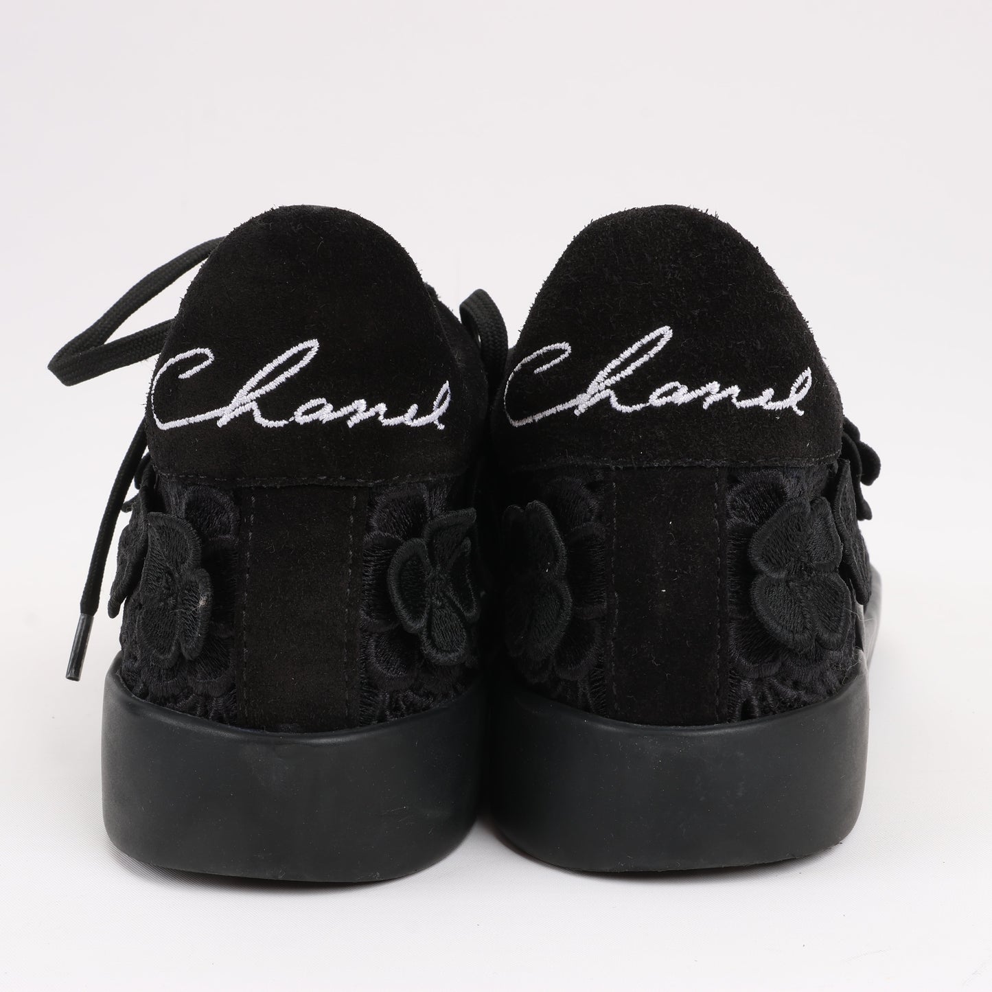 CHANEL Camelia Lace x Suede Sneakers in Black G34815, Size 37
