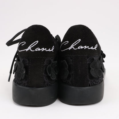 CHANEL Camelia Lace x Suede Sneakers in Black G34815, Size 37