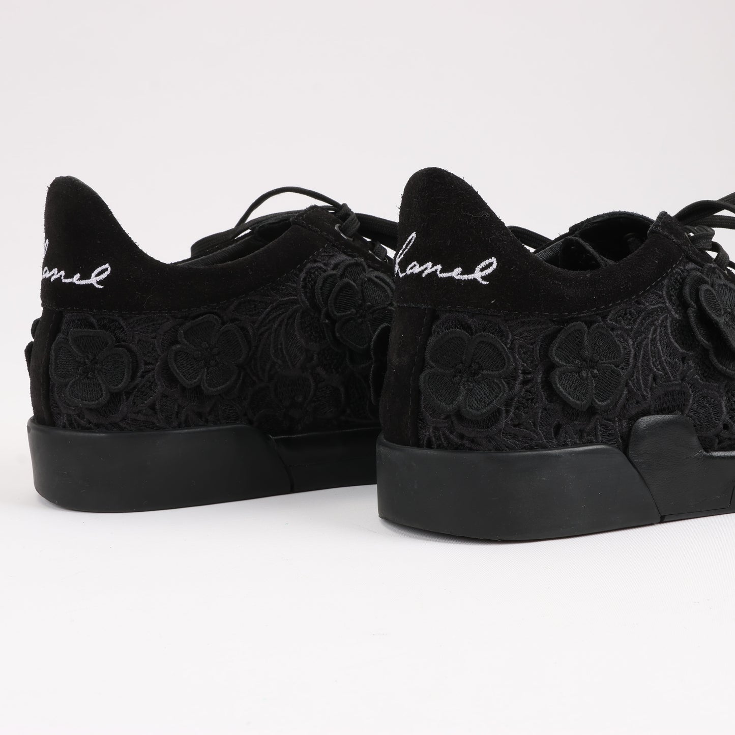 CHANEL Camelia Lace x Suede Sneakers in Black G34815, Size 37