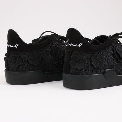 CHANEL Camelia Lace x Suede Sneakers in Black G34815, Size 37