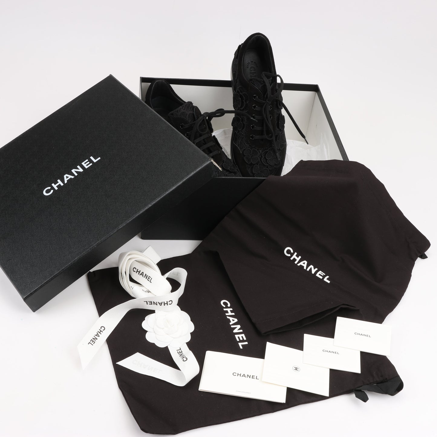 CHANEL Camelia Lace x Suede Sneakers in Black G34815, Size 37