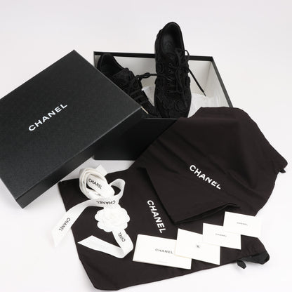CHANEL Camelia Lace x Suede Sneakers in Black G34815, Size 37