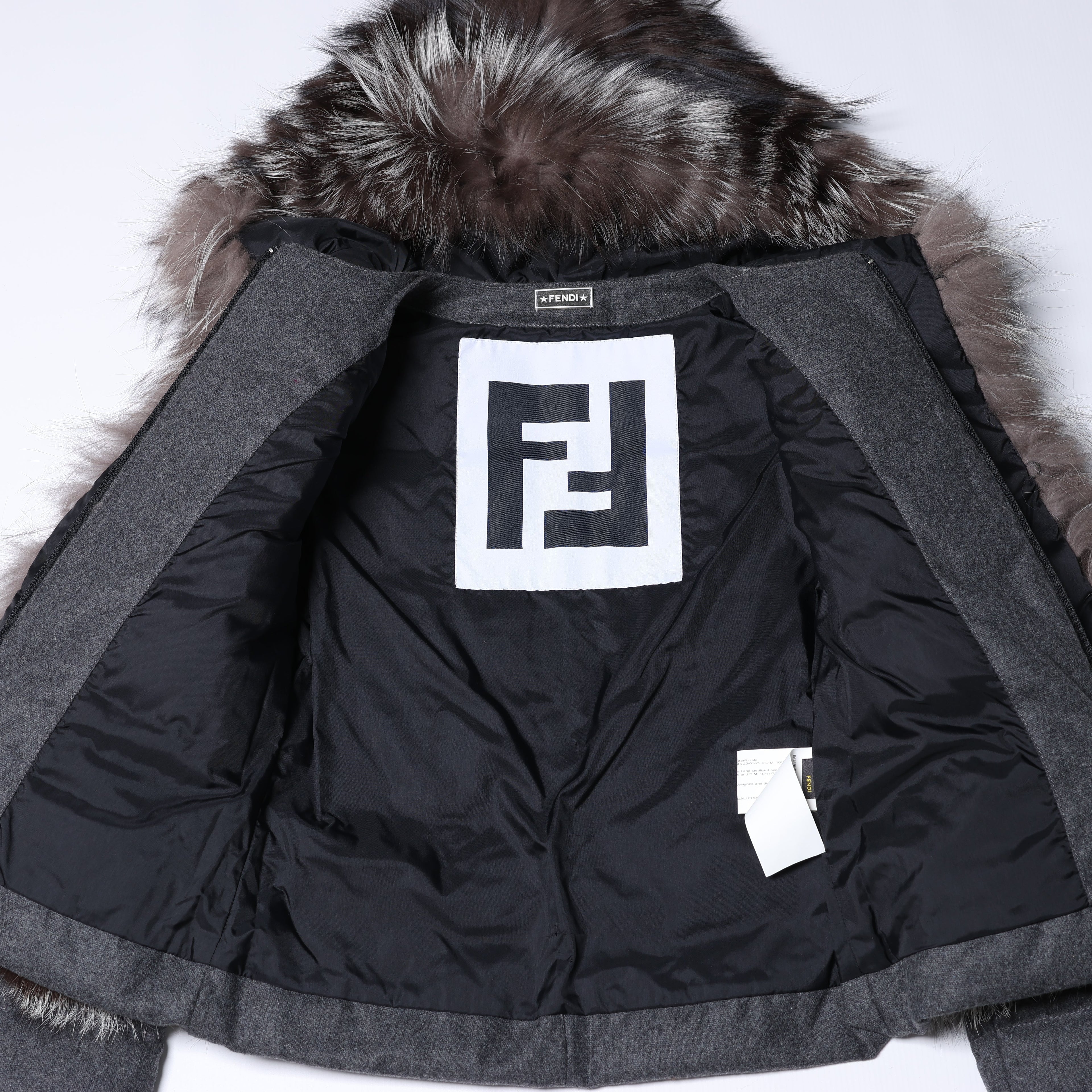 Fendi Wool-Blend Puffer Jacket with Fur Trim, Size 40