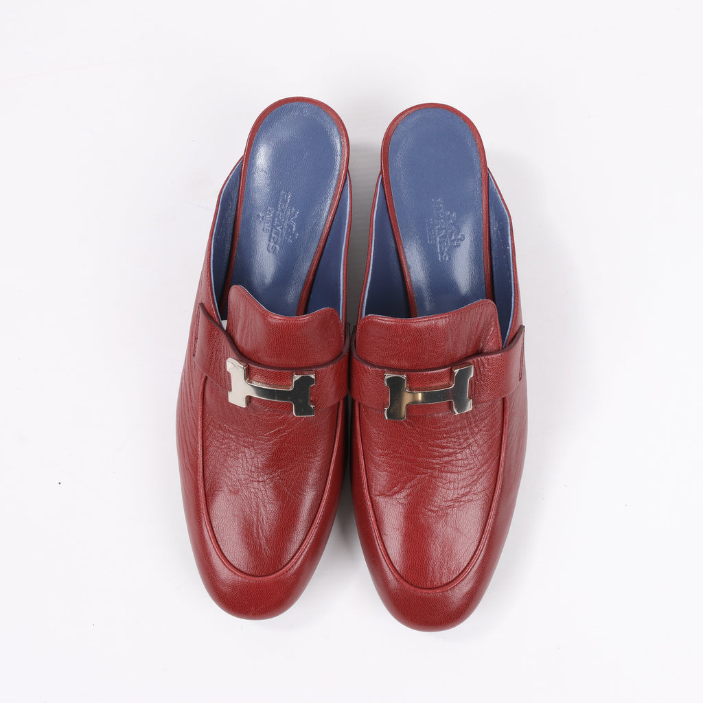 Hermes Paradis Leather Mule Constance in Burgundy, Size 37.5 EU