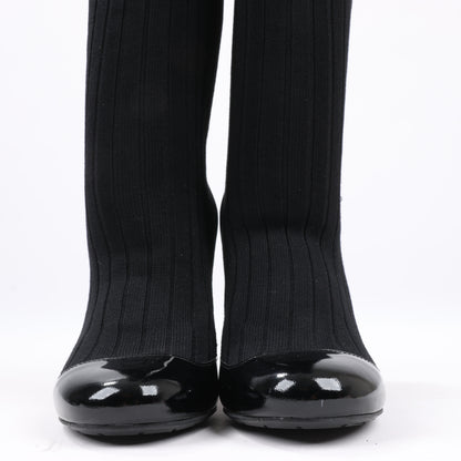 Chanel Coco Mark Patent Leather Pumps Knitted Socks Docking in Black, Size 38 EU