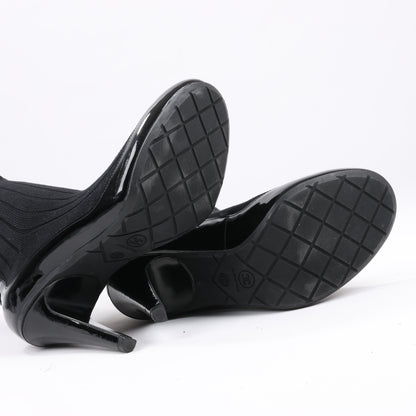 Chanel Coco Mark Patent Leather Pumps Knitted Socks Docking in Black, Size 38 EU