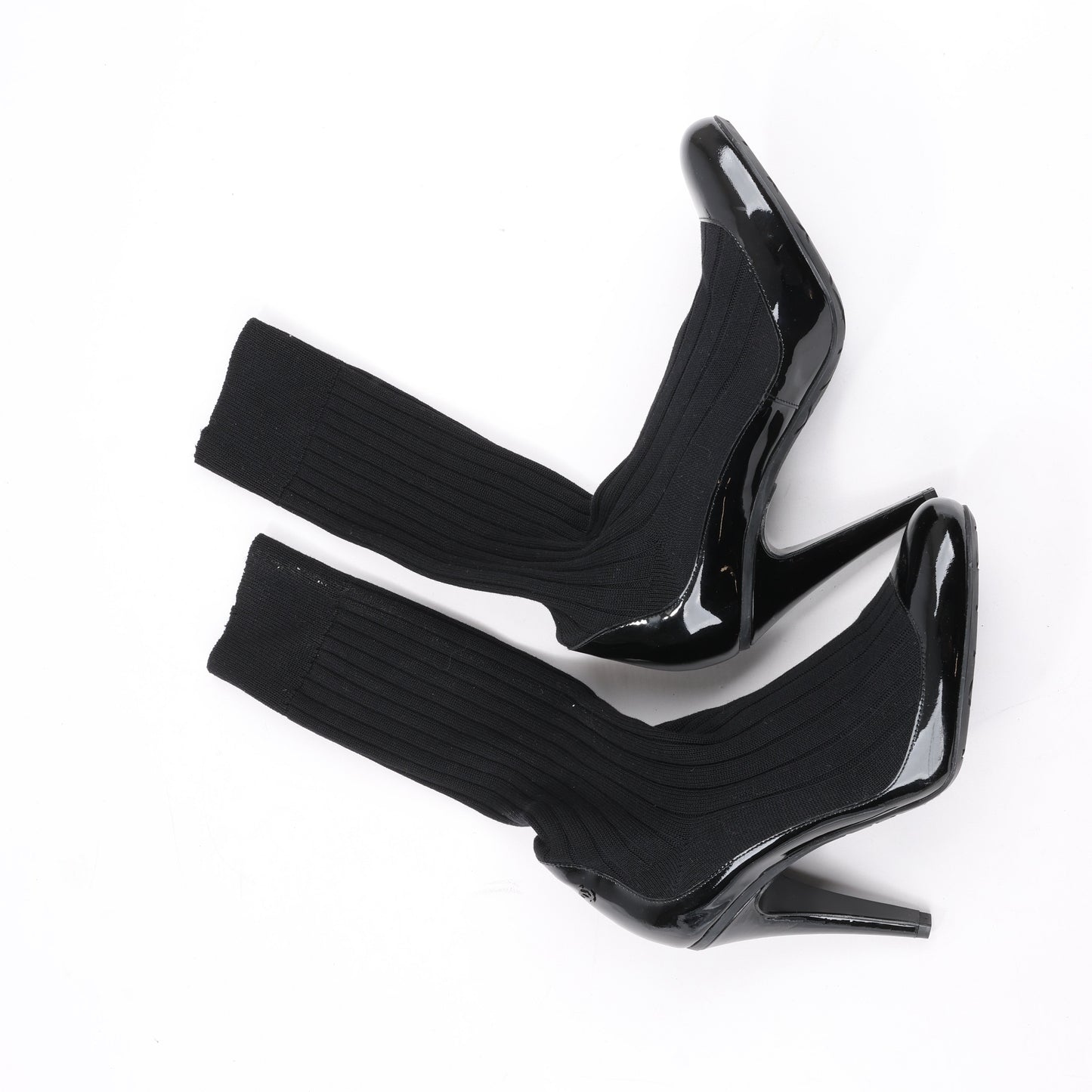 Chanel Coco Mark Lackleder Pumps Stricksocken Docking in Schwarz, Größe 38 EU