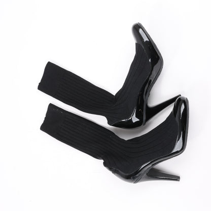 Chanel Coco Mark Patent Leather Pumps Knitted Socks Docking in Black, Size 38 EU