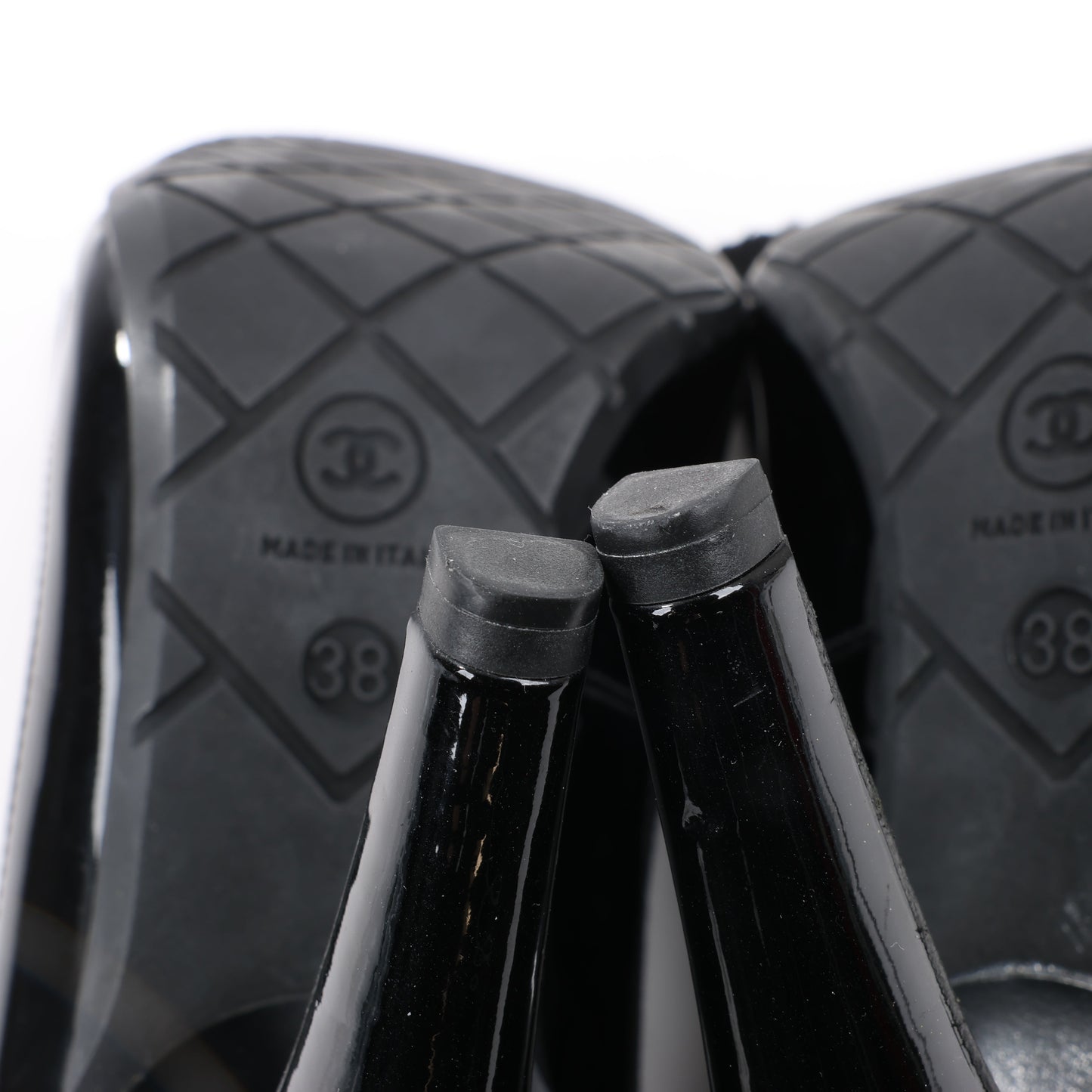 Chanel Coco Mark Lackleder Pumps Stricksocken Docking in Schwarz, Größe 38 EU