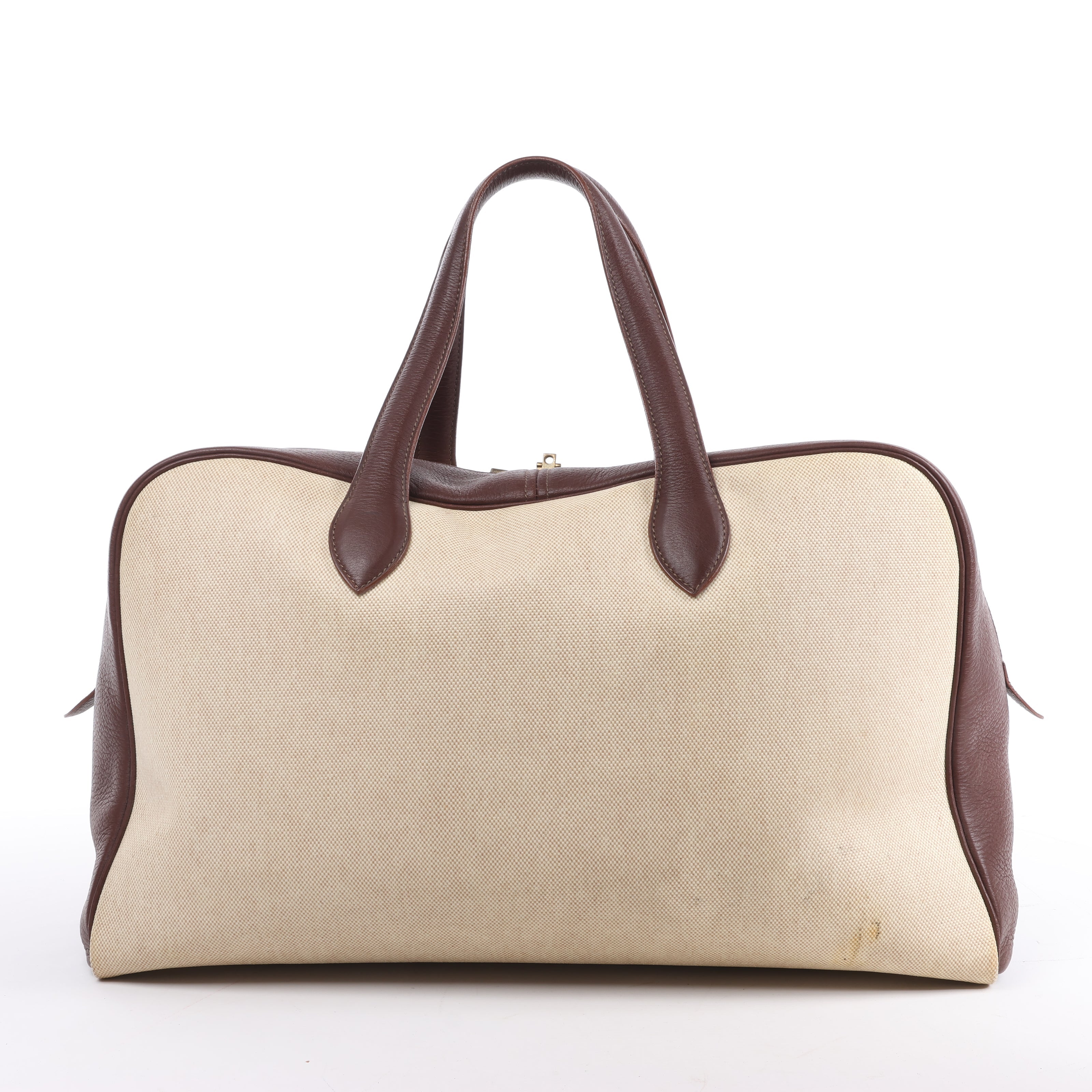 HERMES Victoria 43 Taurillon x Toile Travel Bag in Brown x Beige