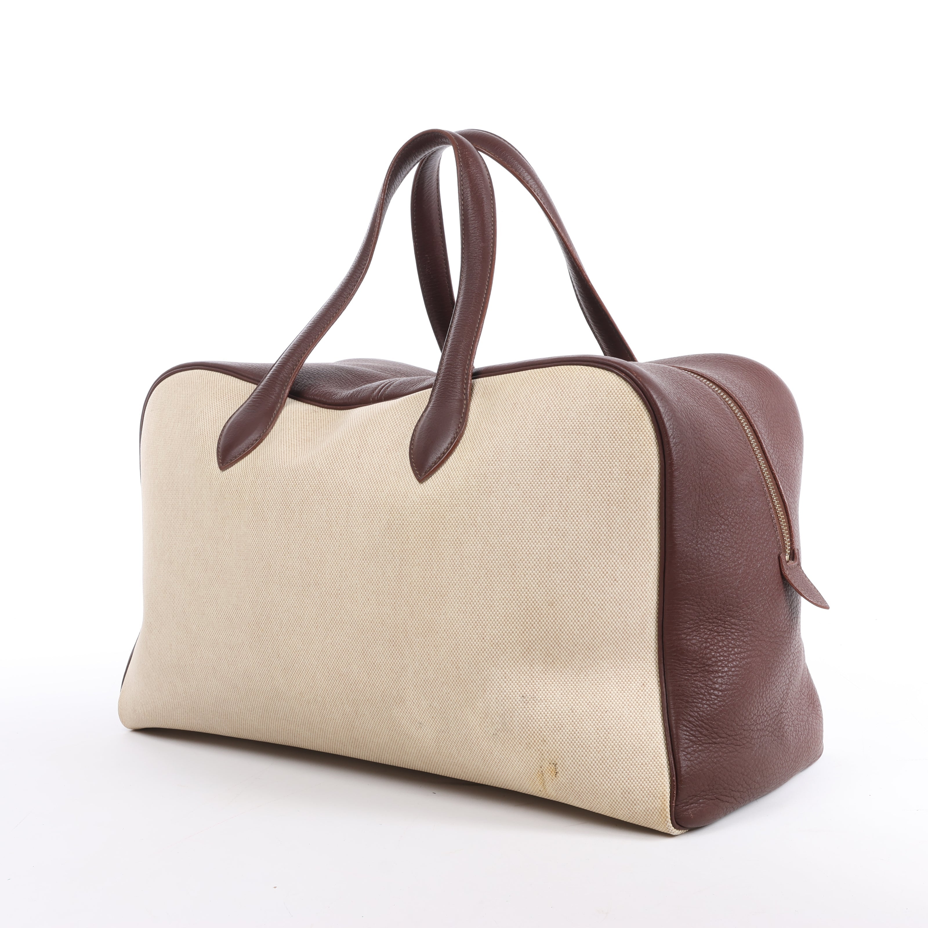 HERMES Victoria 43 Taurillon x Toile Travel Bag in Brown x Beige