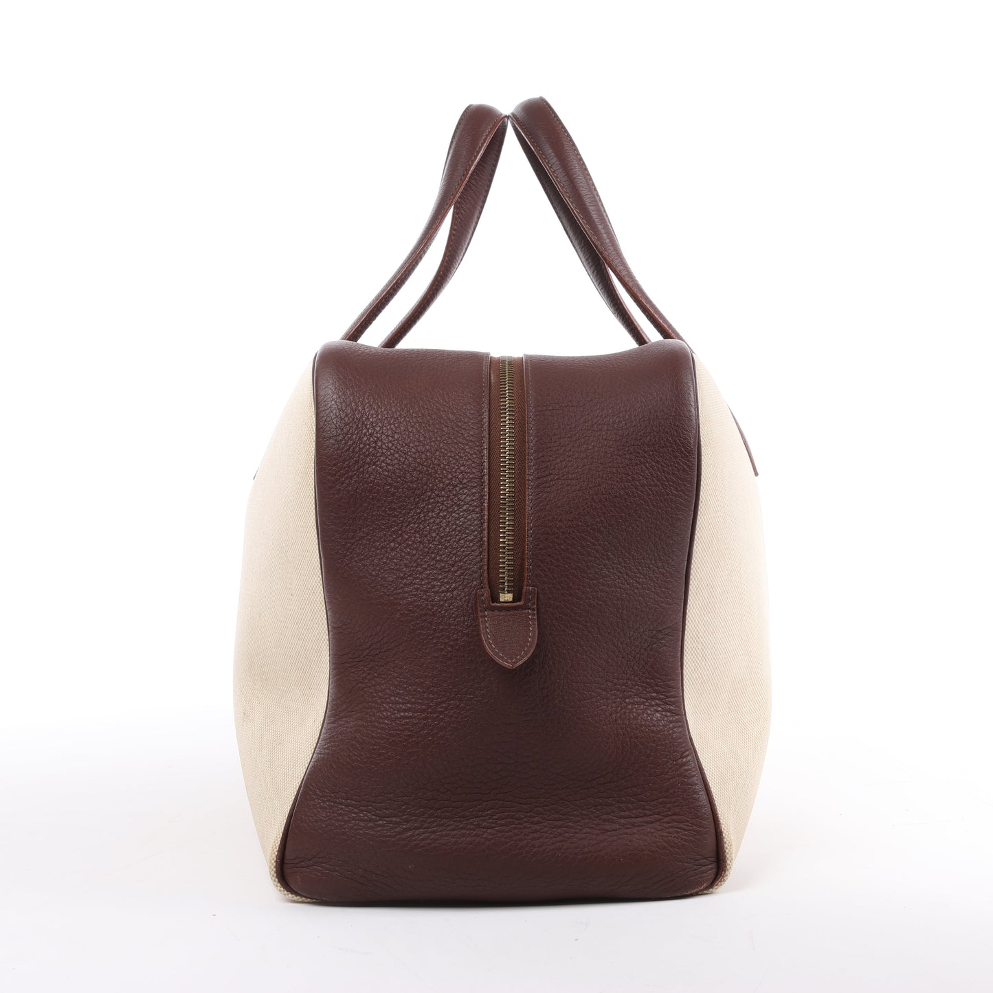 HERMES Victoria 43 Taurillon x Toile Travel Bag in Brown x Beige