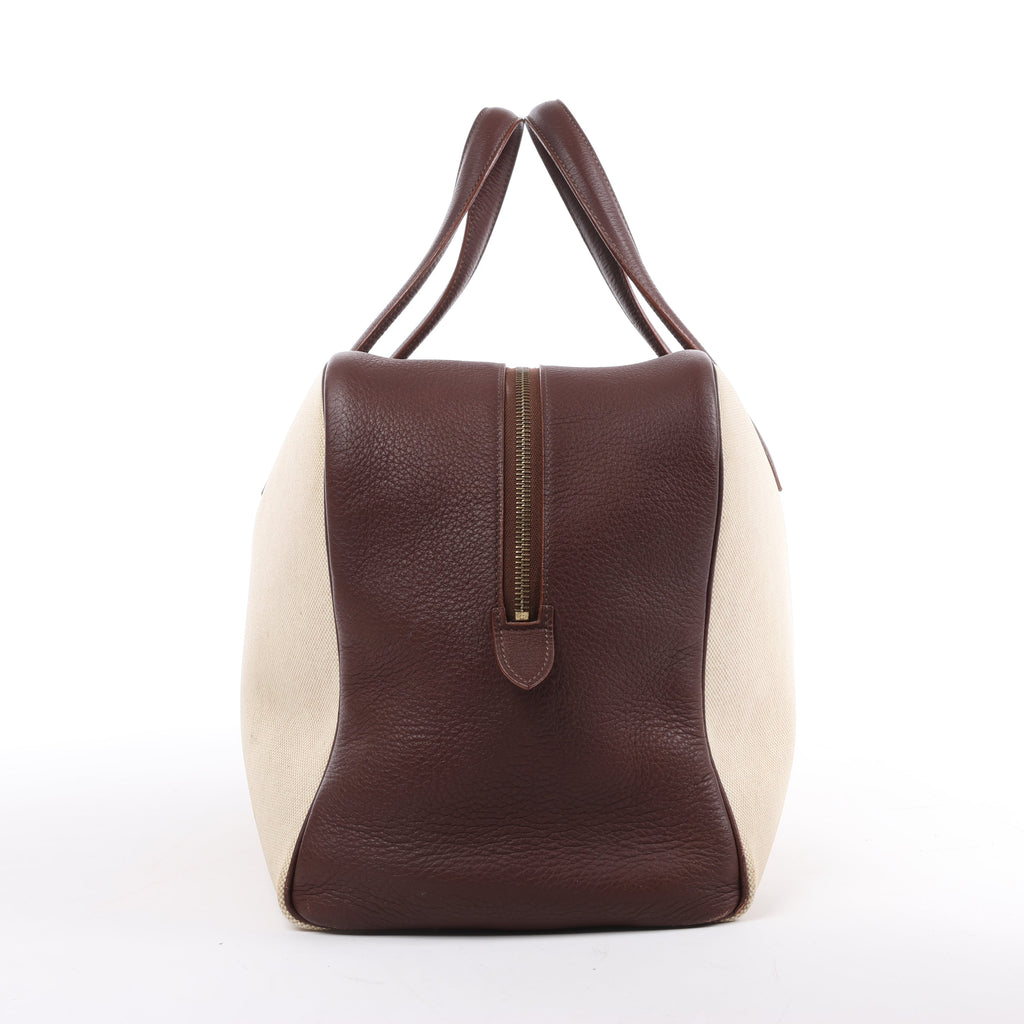 HERMES Victoria 43 Taurillon x Toile Travel Bag in Brown x Beige