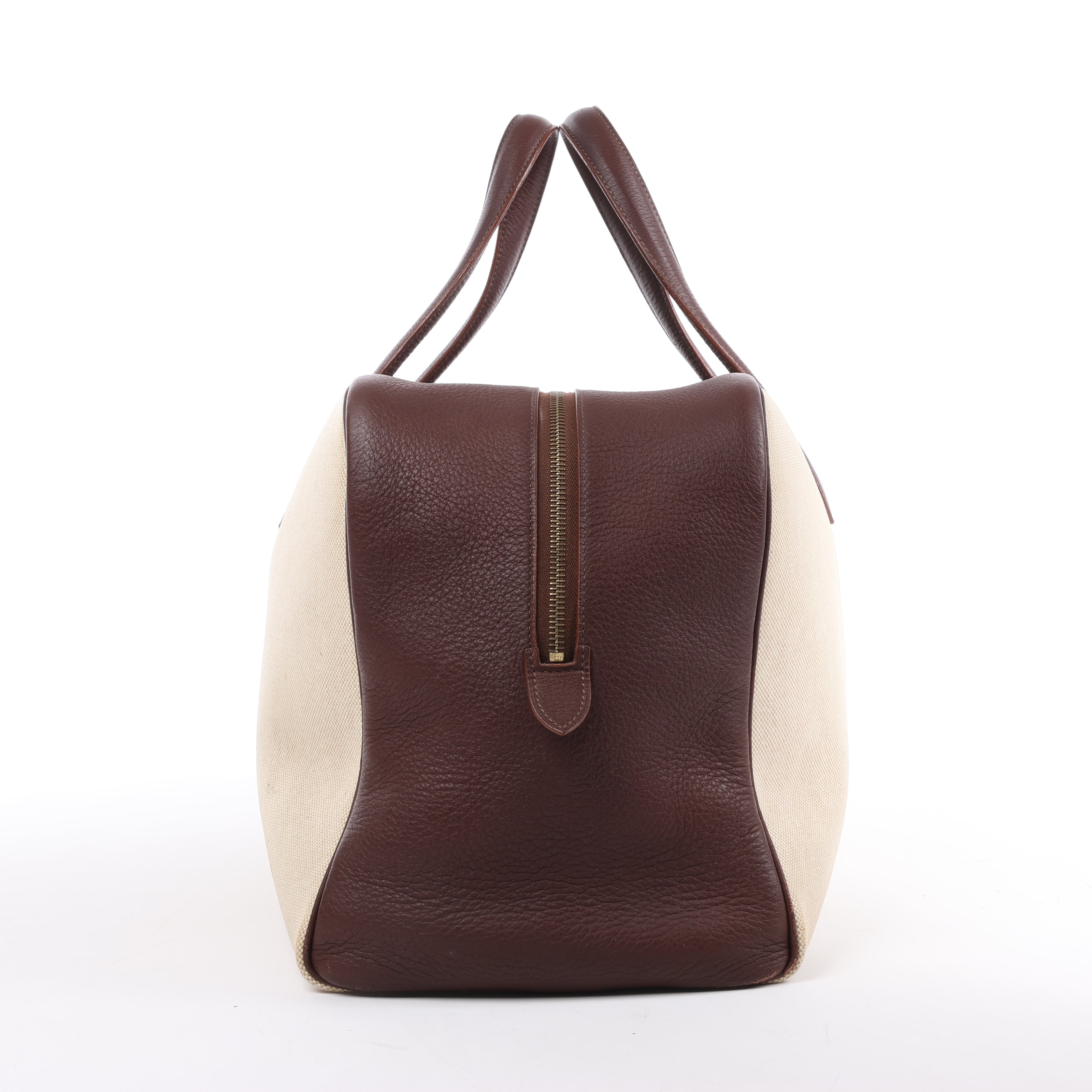 HERMES Victoria 43 Taurillon x Toile Travel Bag in Brown x Beige