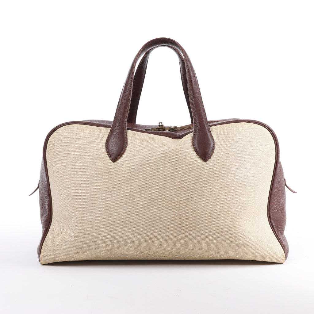 HERMES Victoria 43 Taurillon x Toile Travel Bag in Brown x Beige