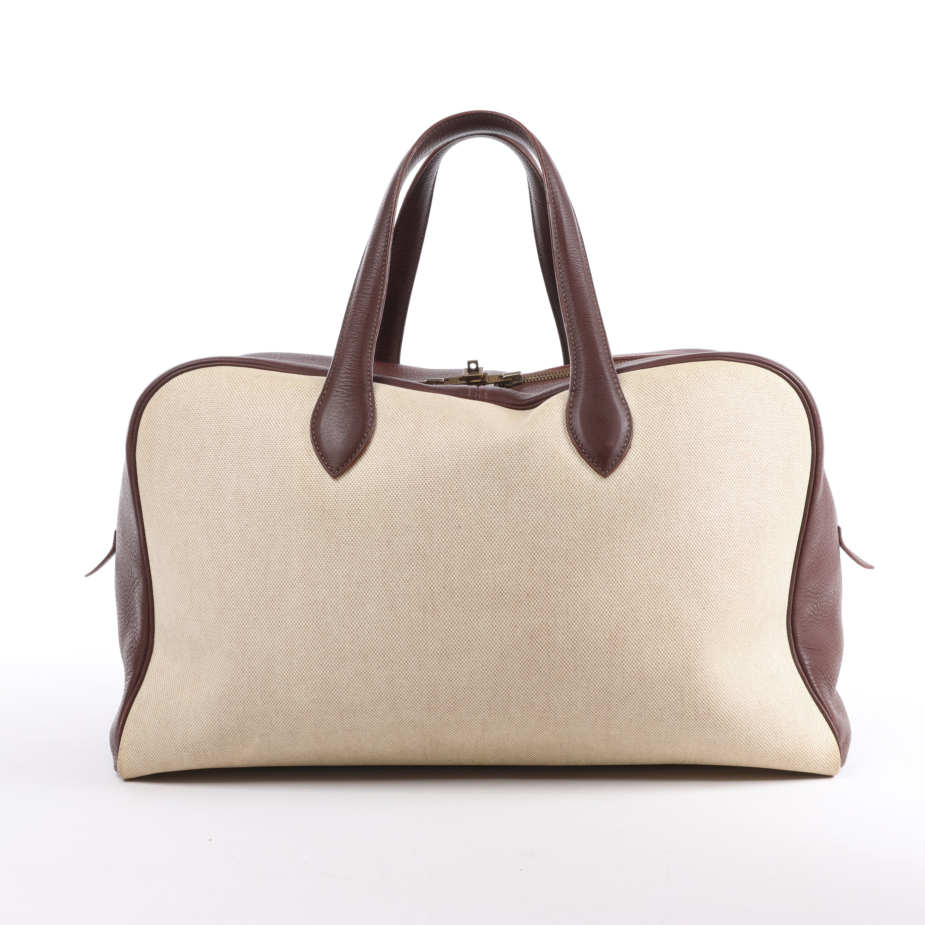 HERMES Victoria 43 Taurillon x Toile Travel Bag in Brown x Beige