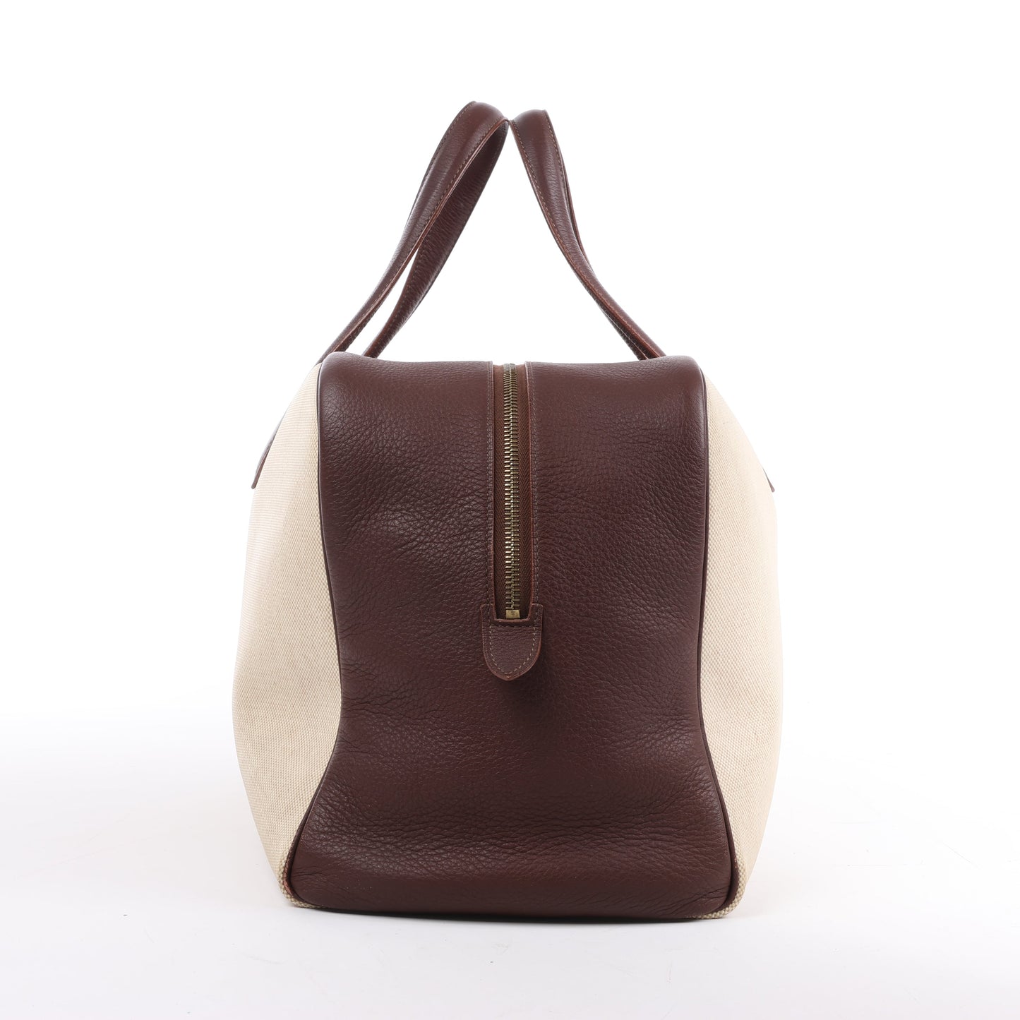 HERMES Victoria 43 Taurillon x Toile Travel Bag in Brown x Beige