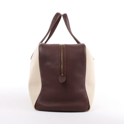 HERMES Victoria 43 Taurillon x Toile Travel Bag in Brown x Beige