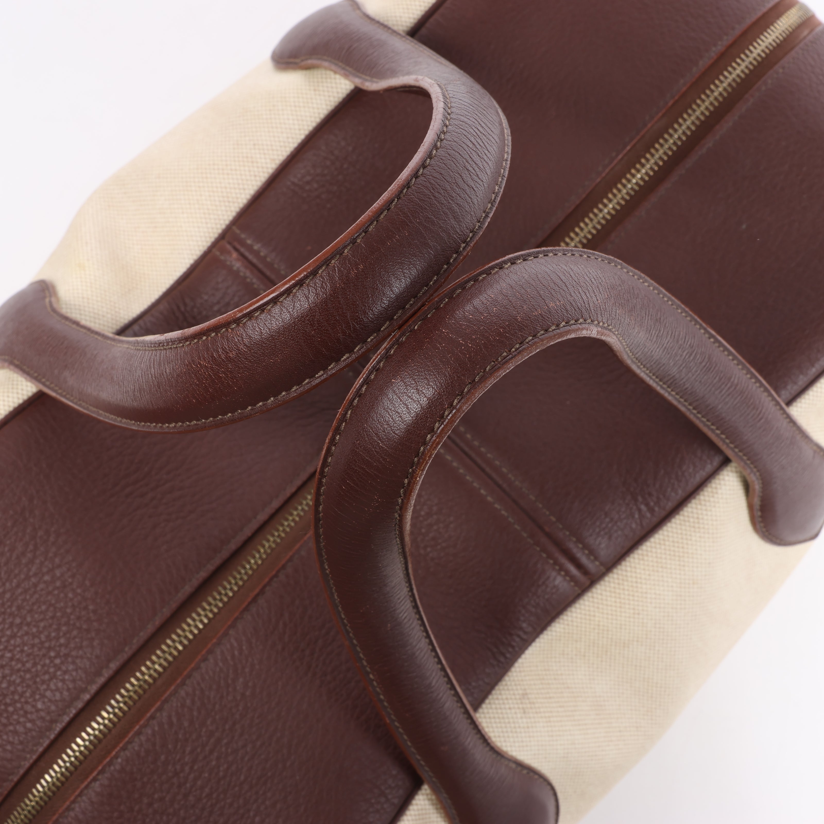 HERMES Victoria 43 Taurillon x Toile Travel Bag in Brown x Beige