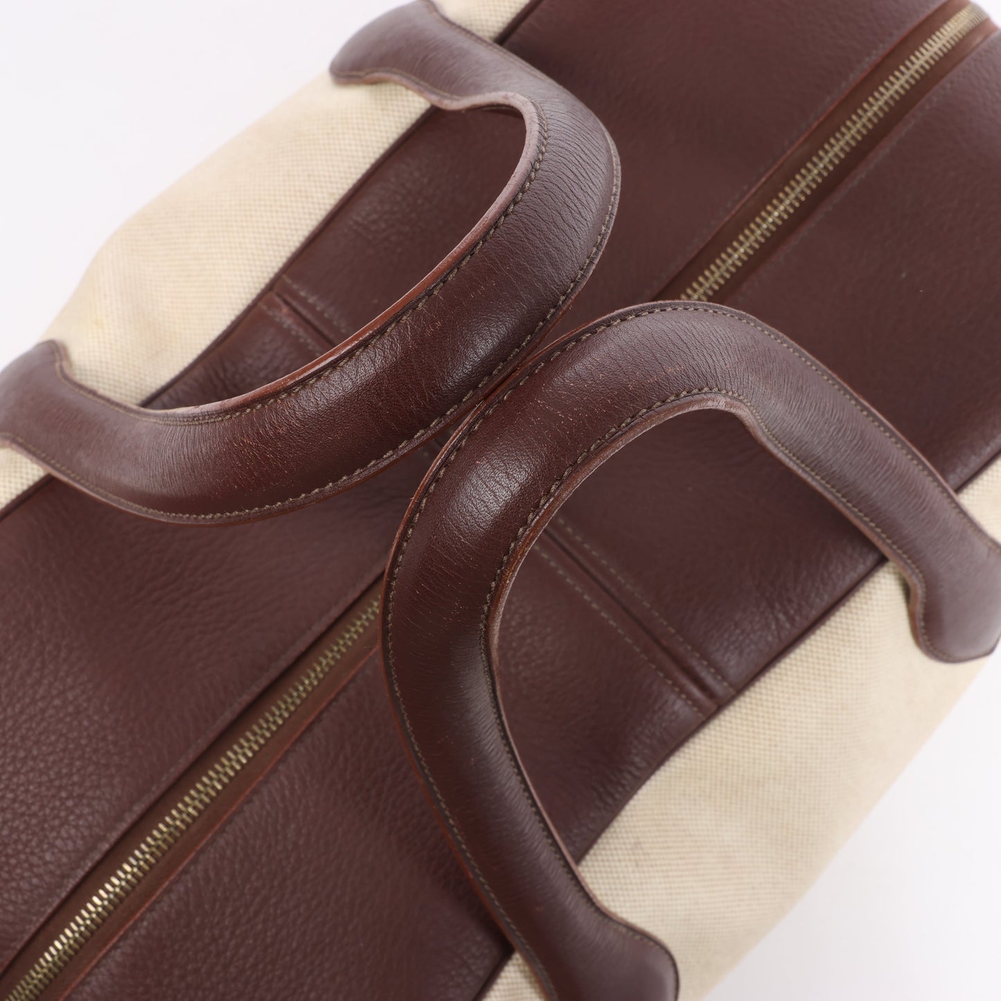 HERMES Victoria 43 Taurillon x Toile Travel Bag in Brown x Beige