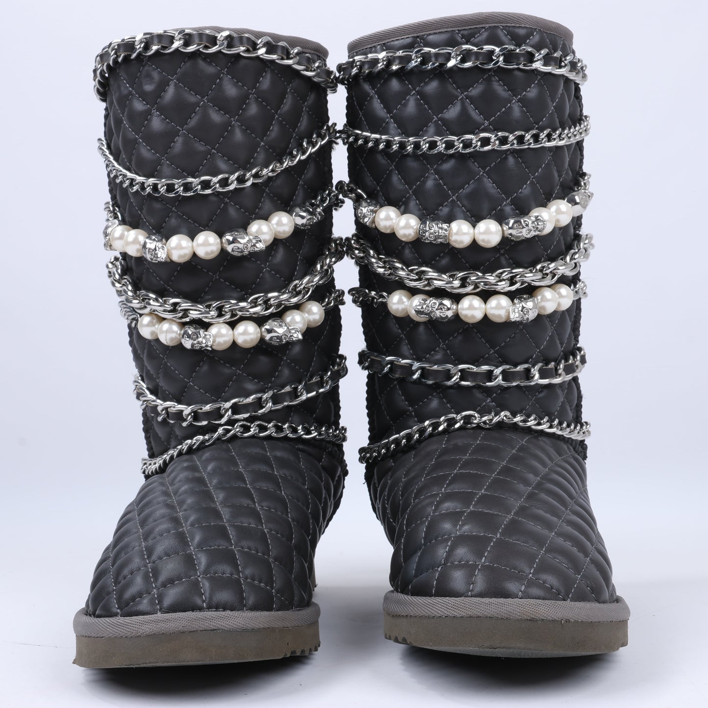 Philipp Plein Leather Ankle Boots Silver Metal Accessories with Skull Chains, Size 37 EU