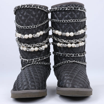 Philipp Plein Leather Ankle Boots Silver Metal Accessories with Skull Chains, Size 37 EU