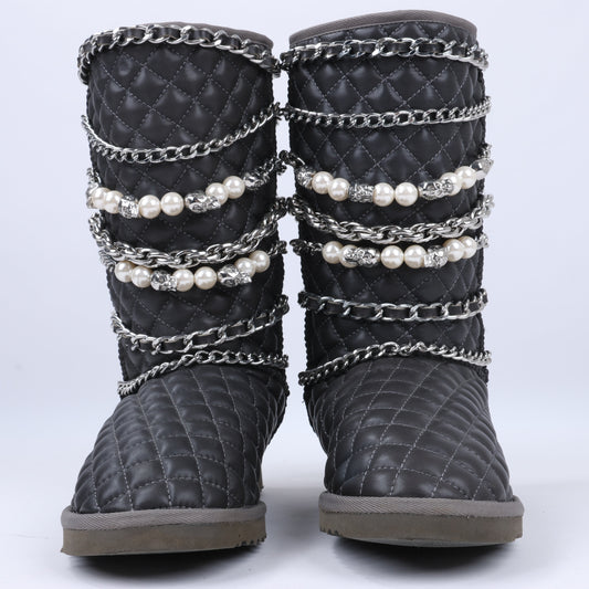 Philipp Plein Leather Ankle Boots Silver Metal Accessories with Skull Chains, Size 37 EU