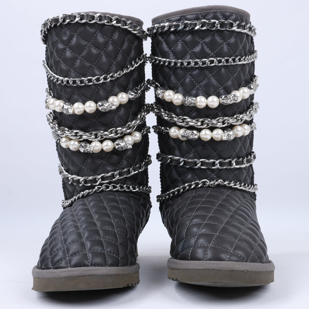 Philipp Plein Leather Ankle Boots Silver Metal Accessories with Skull Chains, Size 37 EU