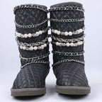Philipp Plein Leather Ankle Boots Silver Metal Accessories with Skull Chains, Size 37 EU