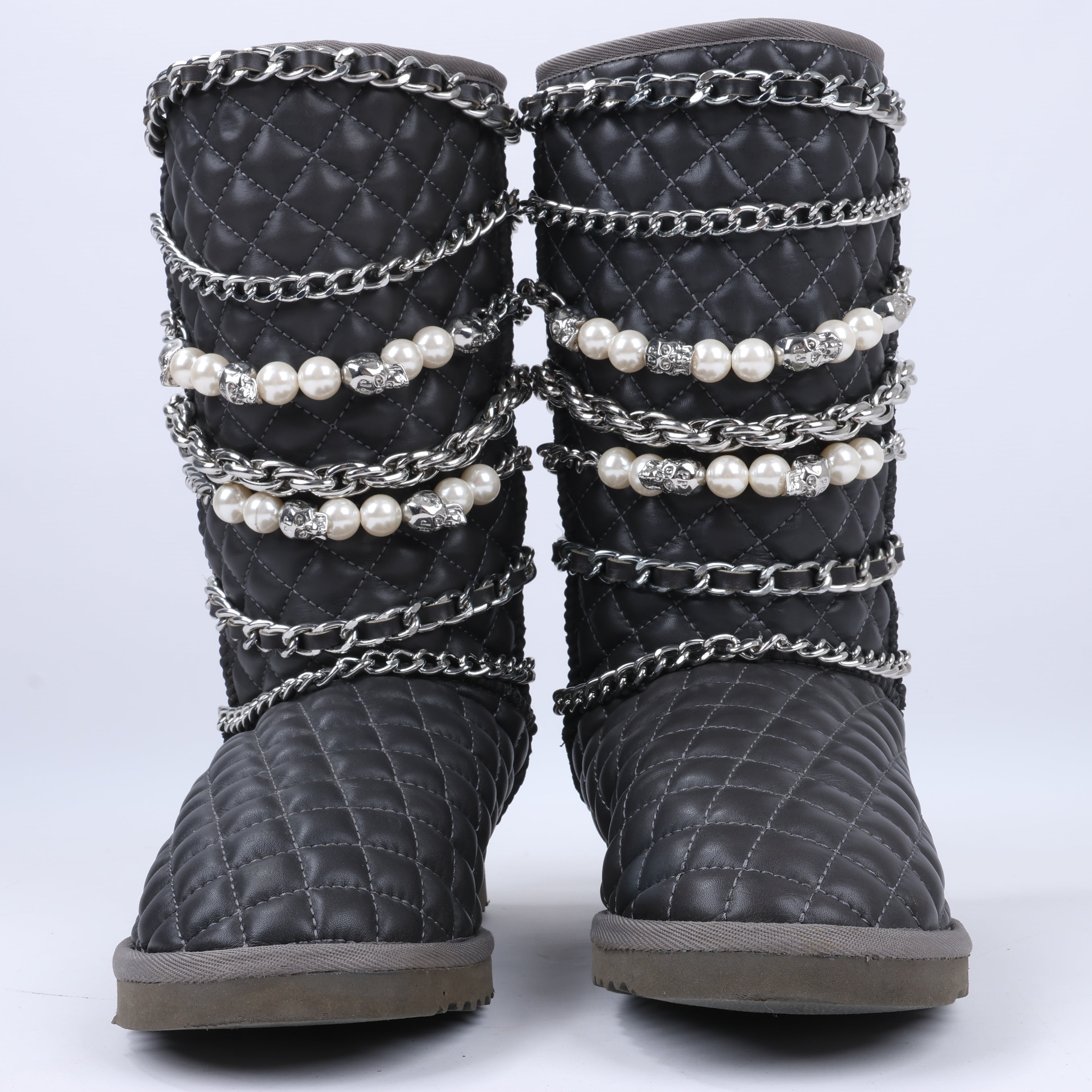 Philipp Plein Leather Ankle Boots Silver Metal Accessories with Skull Chains, Size 37 EU