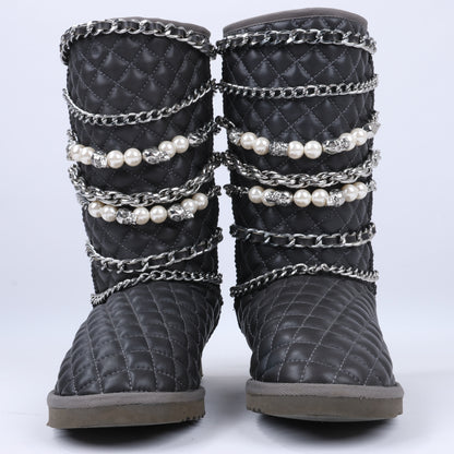 Philipp Plein Lederstiefeletten, Silberfarbene Metall-Accessoires mit Totenkopfketten, Größe 37 EU