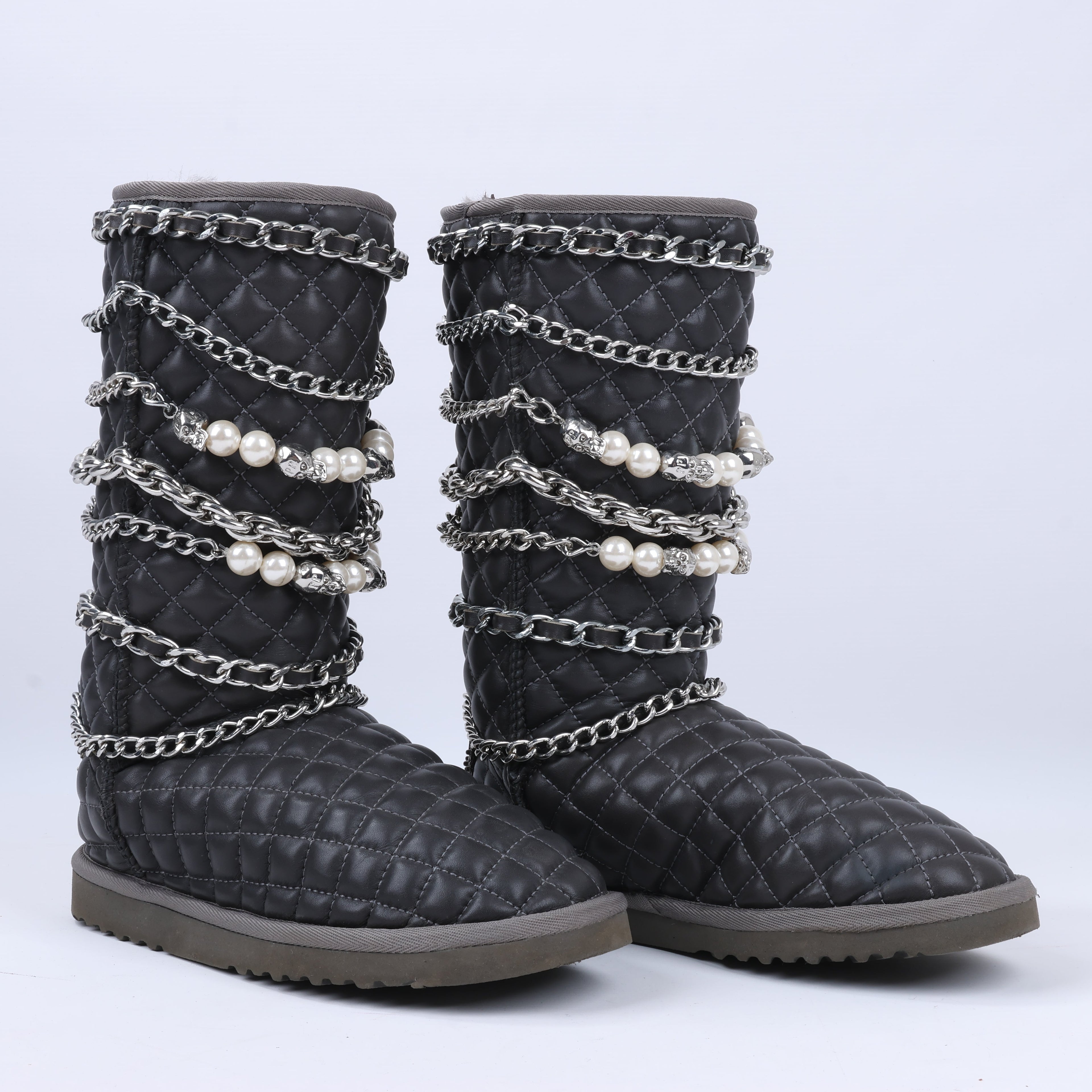 Philipp Plein Leather Ankle Boots Silver Metal Accessories with Skull Chains, Size 37 EU